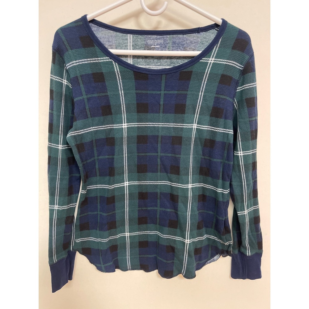 Old Navy Womens Plaid Thermal Top Green Navy Blue Waffle Knit Long Sleeve Large